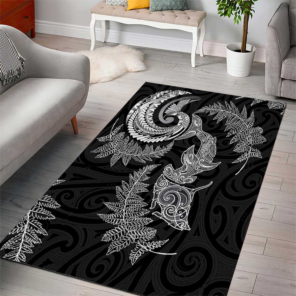 New Zealand Sea Animals with Maori Tribal Tattoo Area Rug Shark Manta Ray with Silver Fern Black