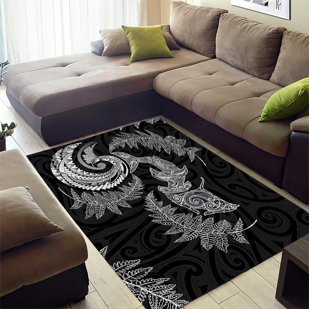 New Zealand Sea Animals with Maori Tribal Tattoo Area Rug Shark Manta Ray with Silver Fern Black