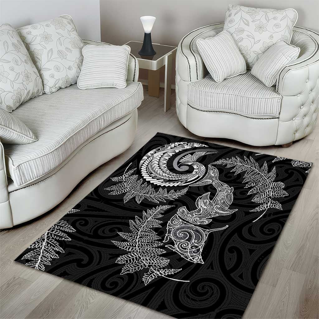 New Zealand Sea Animals with Maori Tribal Tattoo Area Rug Shark Manta Ray with Silver Fern Black