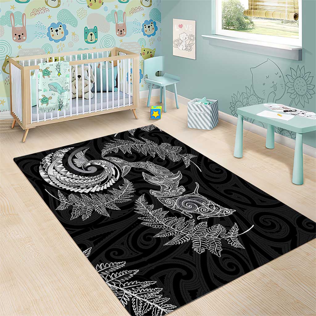 New Zealand Sea Animals with Maori Tribal Tattoo Area Rug Shark Manta Ray with Silver Fern Black