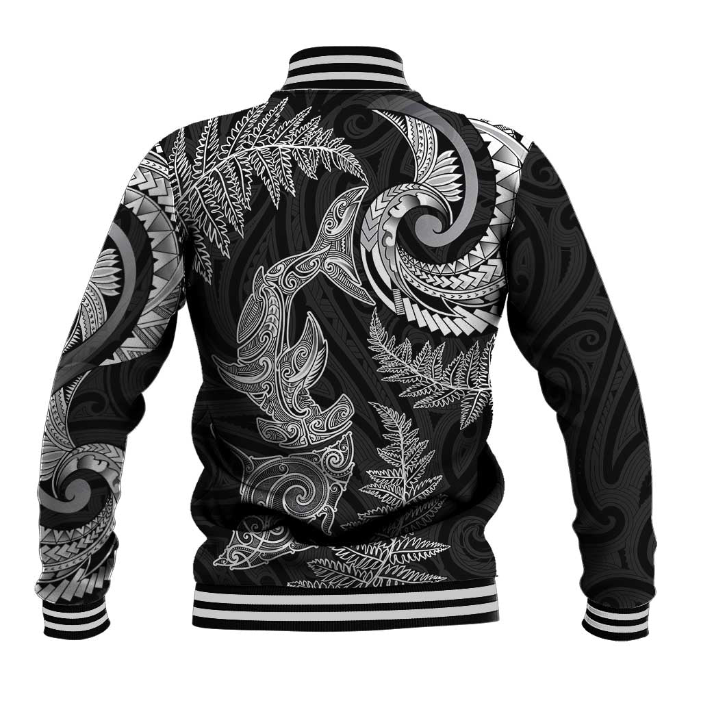 New Zealand Sea Animals with Maori Tribal Tattoo Baseball Jacket Shark Manta Ray with Silver Fern Black