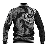 New Zealand Sea Animals with Maori Tribal Tattoo Baseball Jacket Shark Manta Ray with Silver Fern Black
