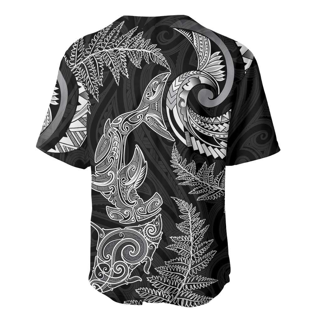 New Zealand Sea Animals with Maori Tribal Tattoo Baseball Jersey Shark Manta Ray with Silver Fern Black