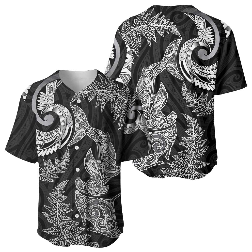 New Zealand Sea Animals with Maori Tribal Tattoo Baseball Jersey Shark Manta Ray with Silver Fern Black