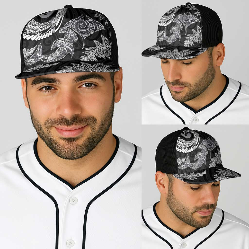 New Zealand Sea Animals with Maori Tribal Tattoo Baseball Net Cap Shark Manta Ray with Silver Fern Black