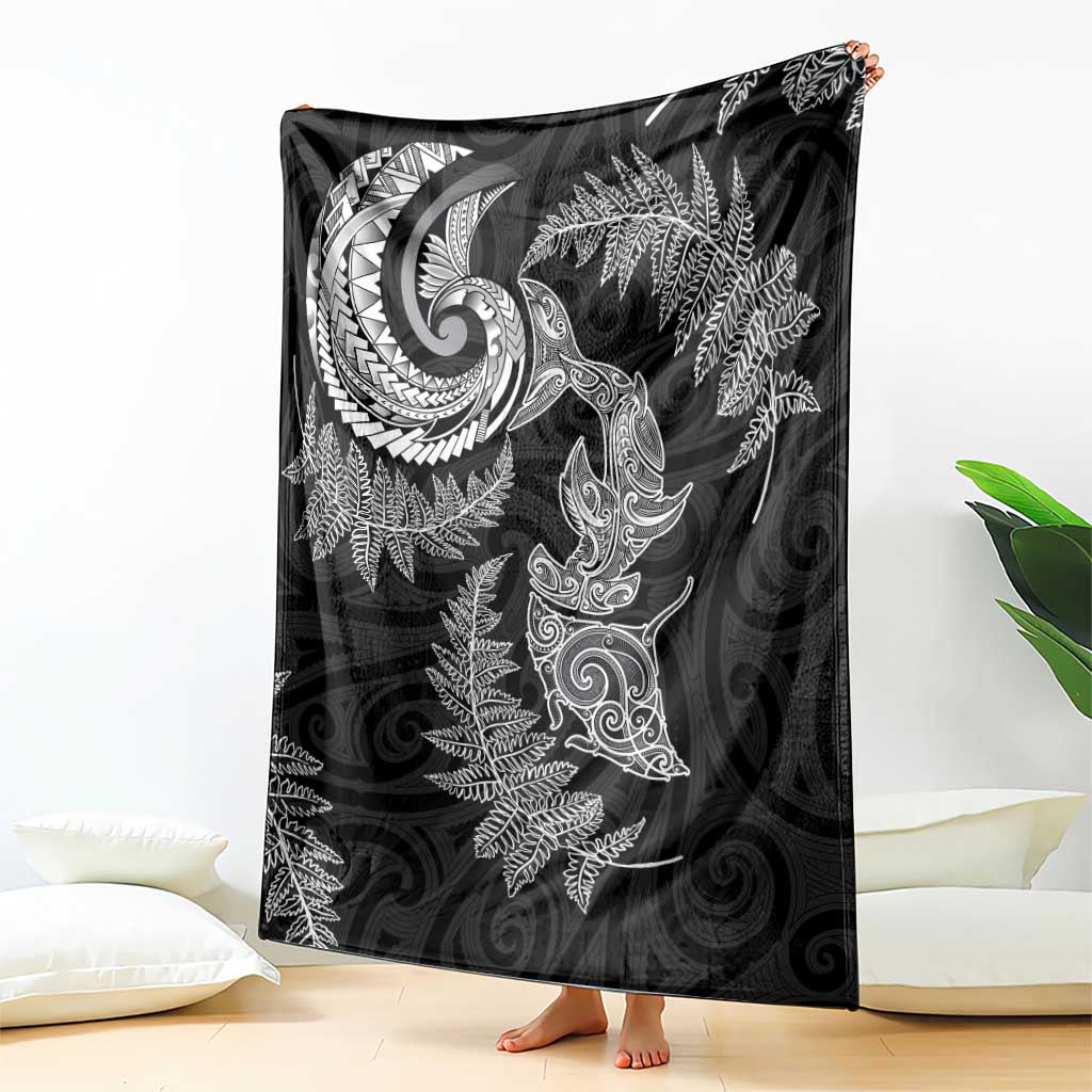 New Zealand Sea Animals with Maori Tribal Tattoo Blanket Shark Manta Ray with Silver Fern Black