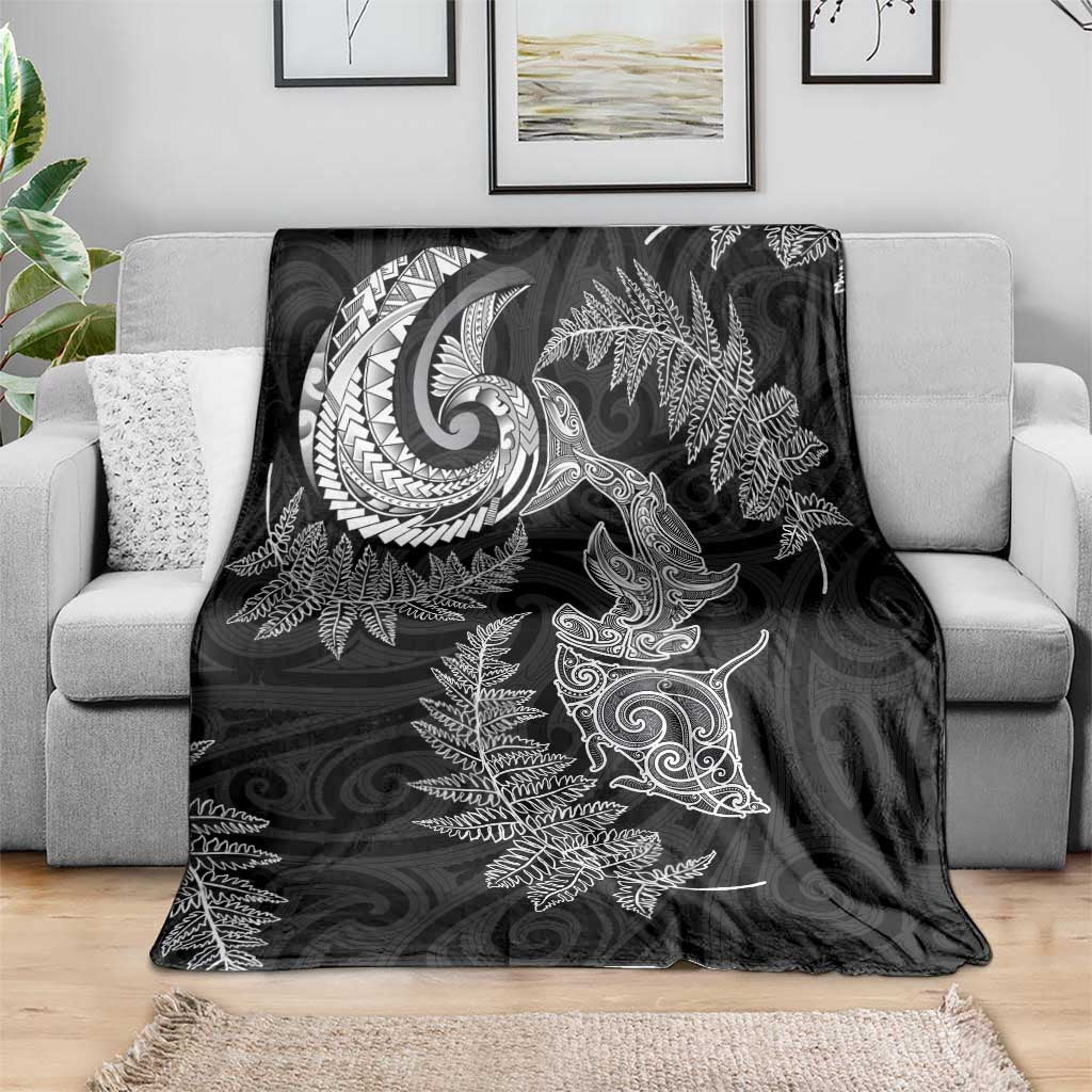 New Zealand Sea Animals with Maori Tribal Tattoo Blanket Shark Manta Ray with Silver Fern Black