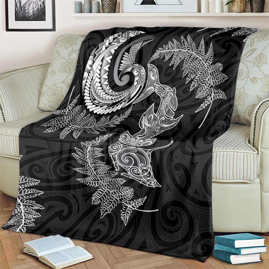 New Zealand Sea Animals with Maori Tribal Tattoo Blanket Shark Manta Ray with Silver Fern Black
