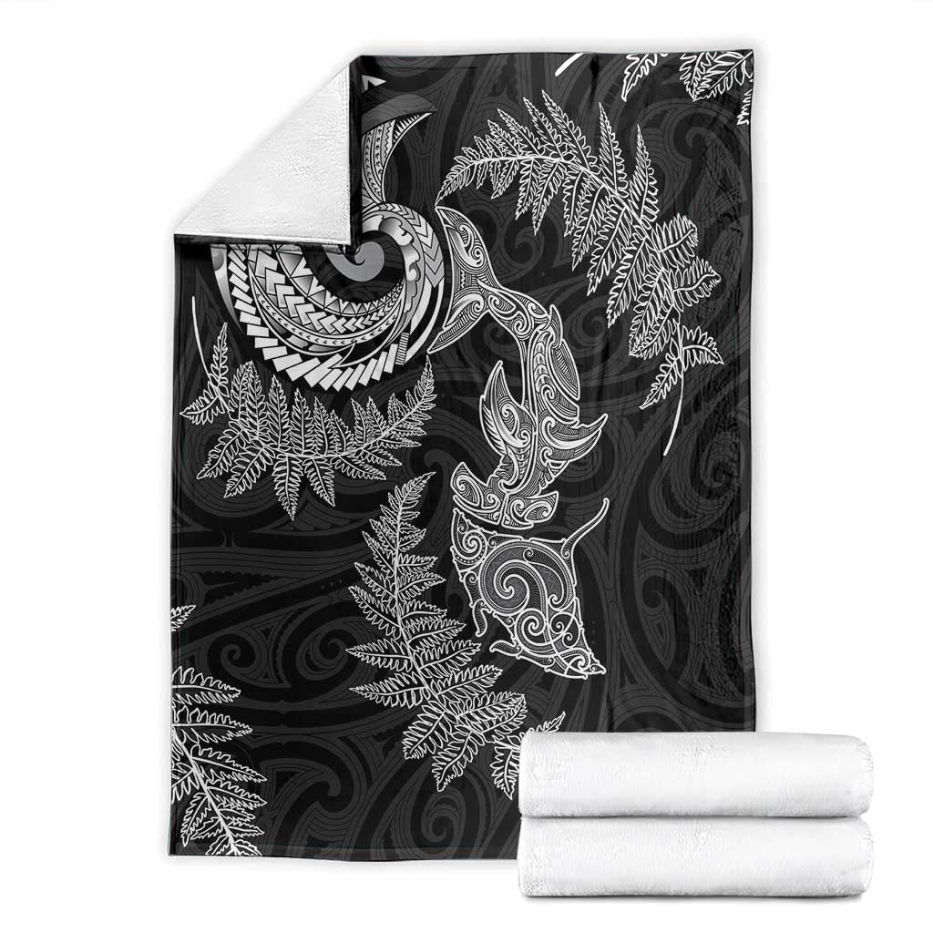 New Zealand Sea Animals with Maori Tribal Tattoo Blanket Shark Manta Ray with Silver Fern Black