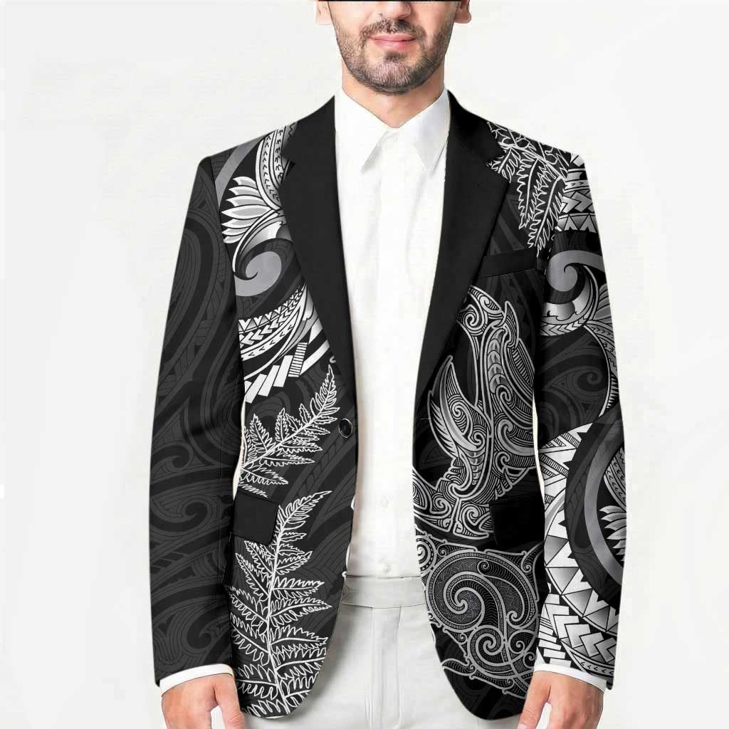 New Zealand Sea Animals with Maori Tribal Tattoo Blazer Shark Manta Ray with Silver Fern Black