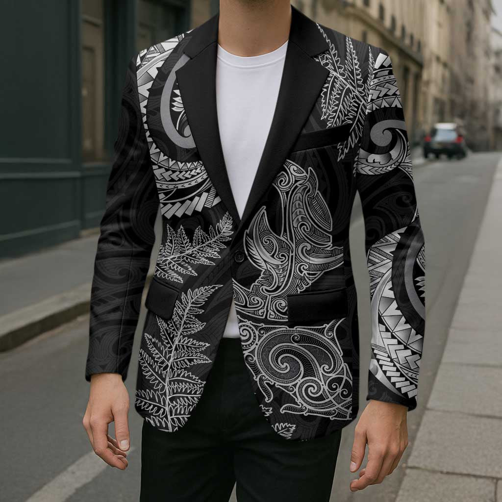 New Zealand Sea Animals with Maori Tribal Tattoo Blazer Shark Manta Ray with Silver Fern Black