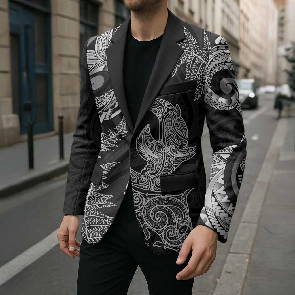 New Zealand Sea Animals with Maori Tribal Tattoo Blazer Shark Manta Ray with Silver Fern Black