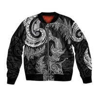 New Zealand Sea Animals with Maori Tribal Tattoo Bomber Jacket Shark Manta Ray with Silver Fern Black