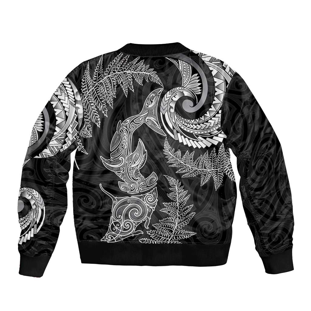 New Zealand Sea Animals with Maori Tribal Tattoo Bomber Jacket Shark Manta Ray with Silver Fern Black