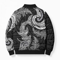 New Zealand Sea Animals with Maori Tribal Tattoo Bomber Puffer Jacket Shark Manta Ray with Silver Fern Black
