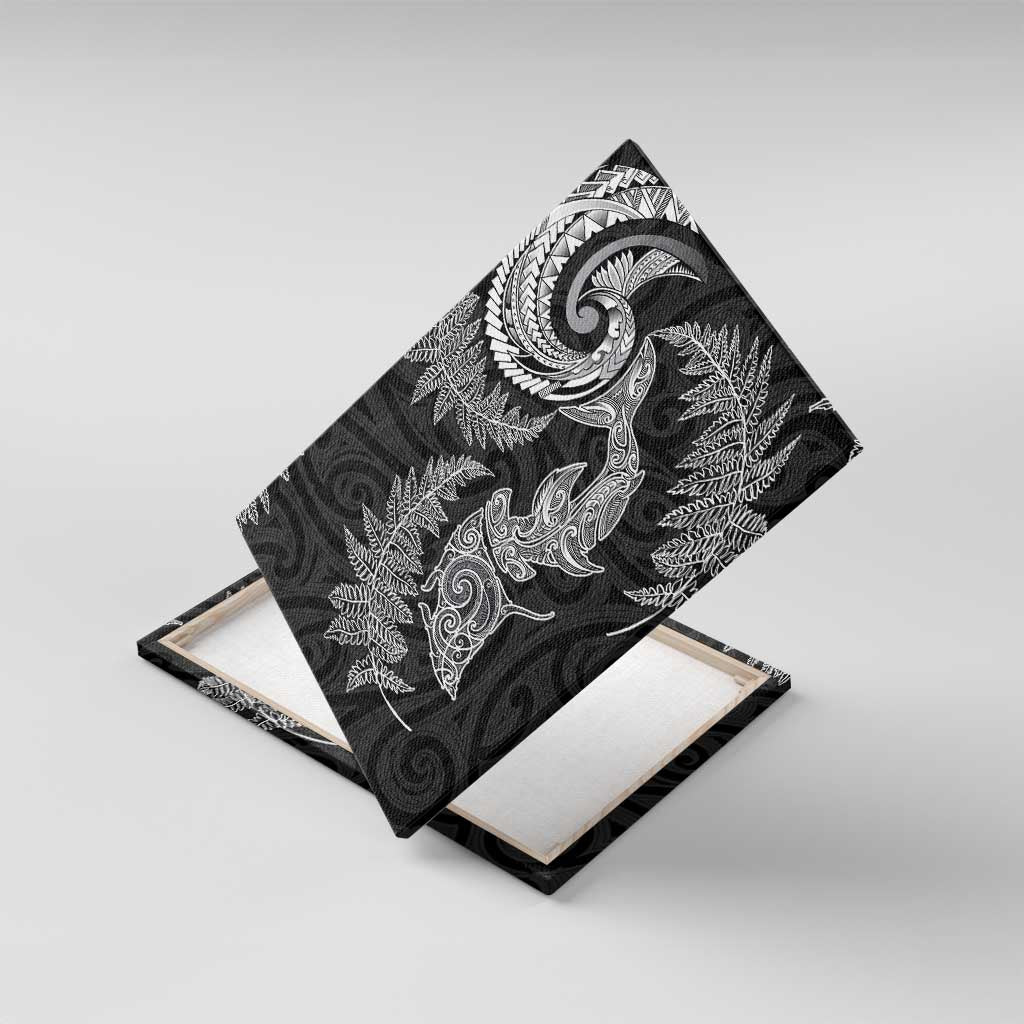 New Zealand Sea Animals with Maori Tribal Tattoo Canvas Wall Art Shark Manta Ray with Silver Fern Black