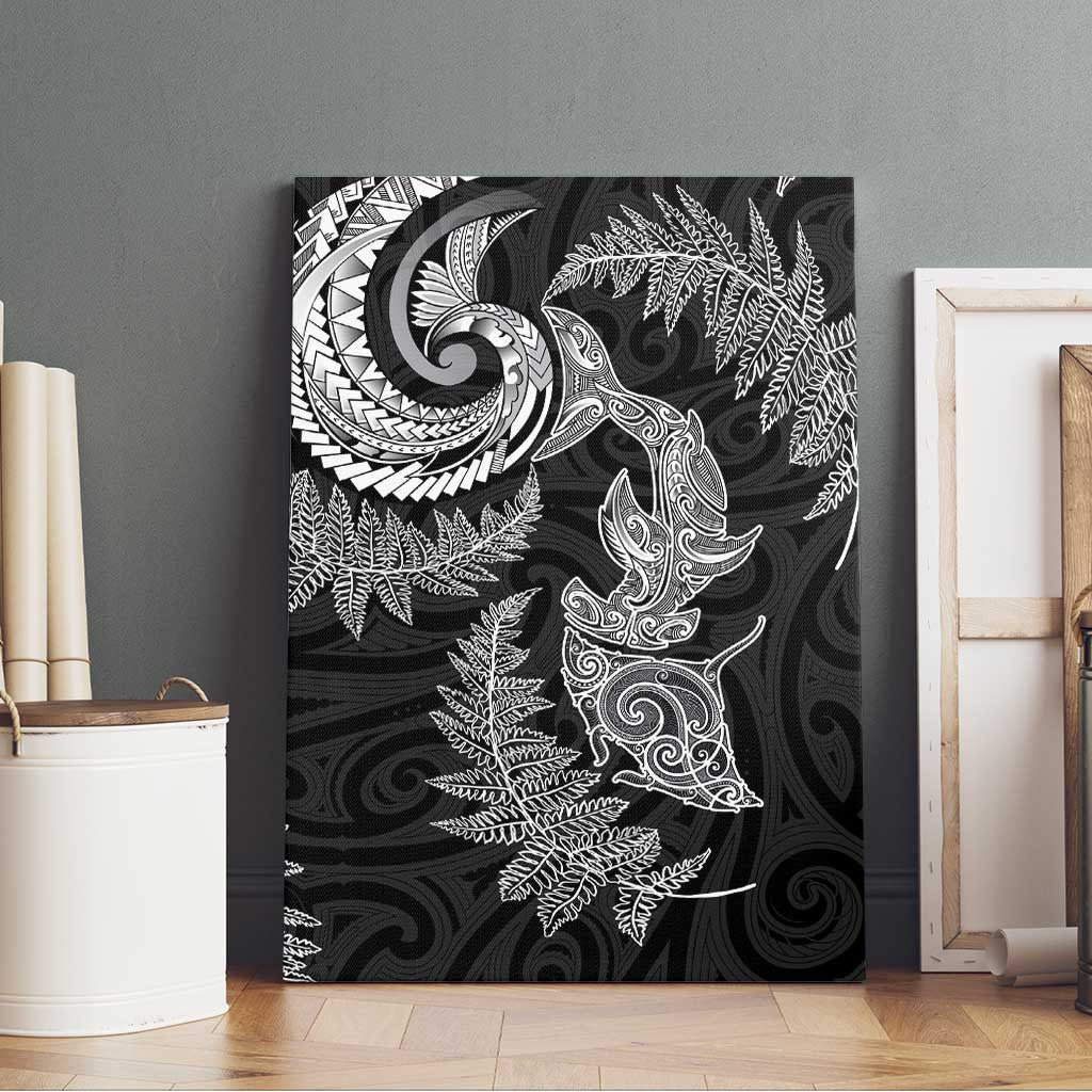 New Zealand Sea Animals with Maori Tribal Tattoo Canvas Wall Art Shark Manta Ray with Silver Fern Black