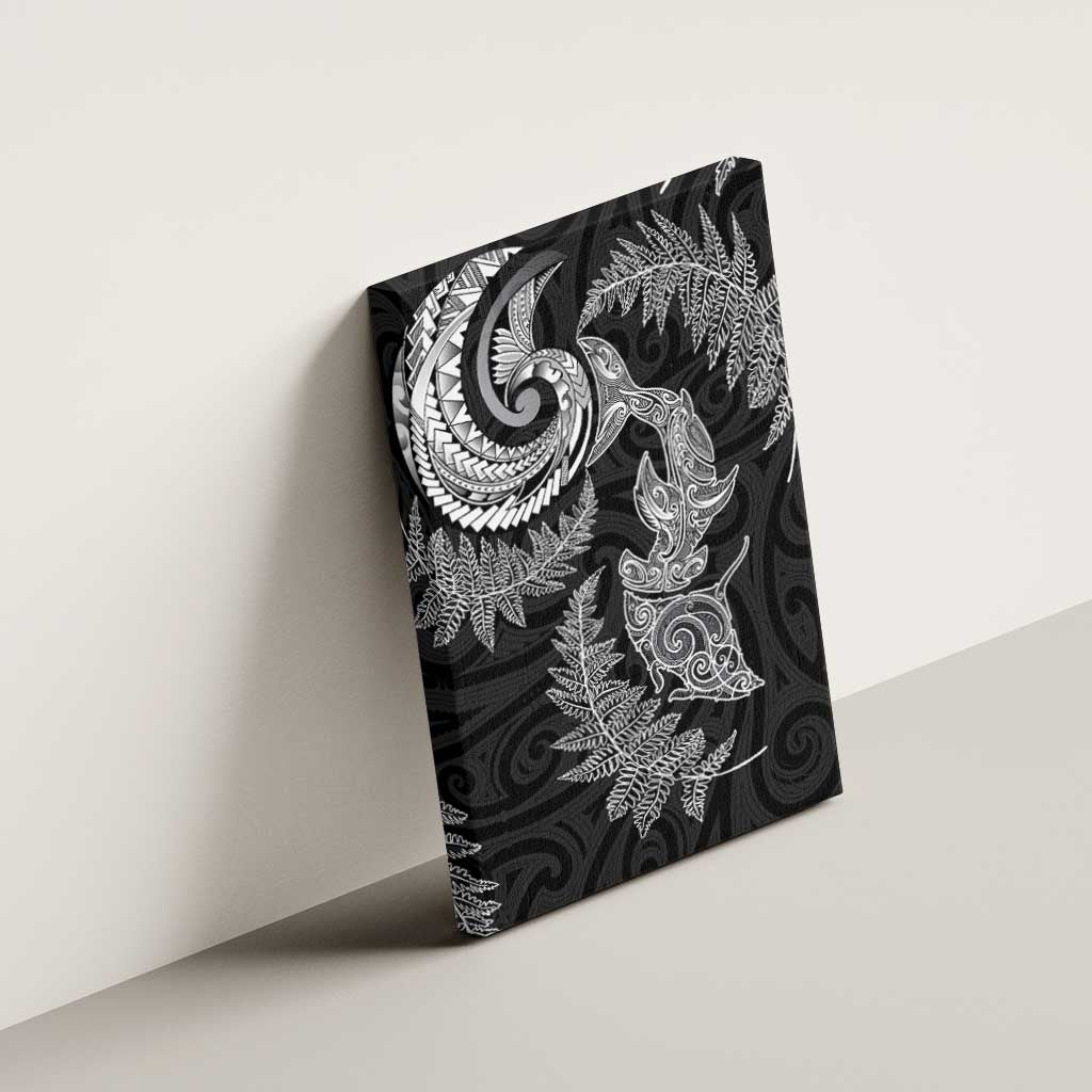 New Zealand Sea Animals with Maori Tribal Tattoo Canvas Wall Art Shark Manta Ray with Silver Fern Black