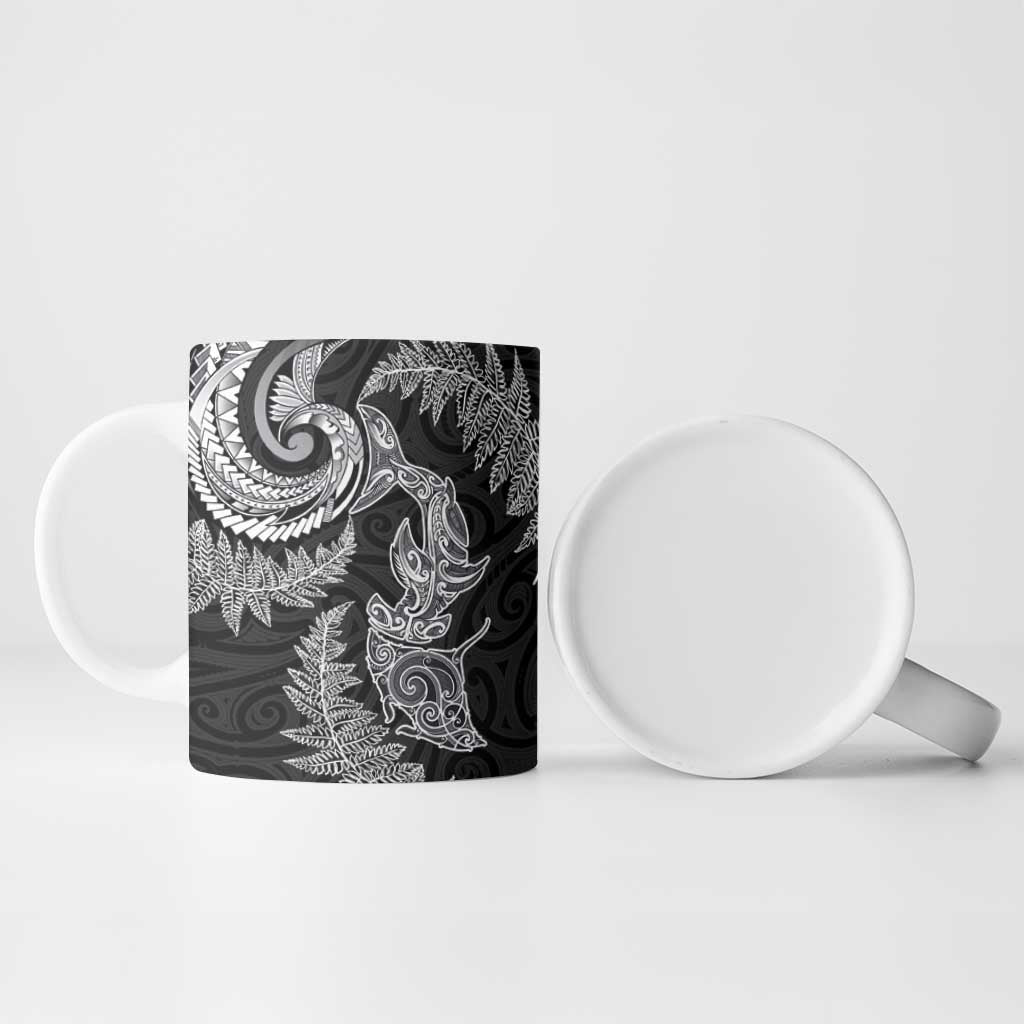 New Zealand Sea Animals with Maori Tribal Tattoo Ceramic Mug Shark Manta Ray with Silver Fern Black