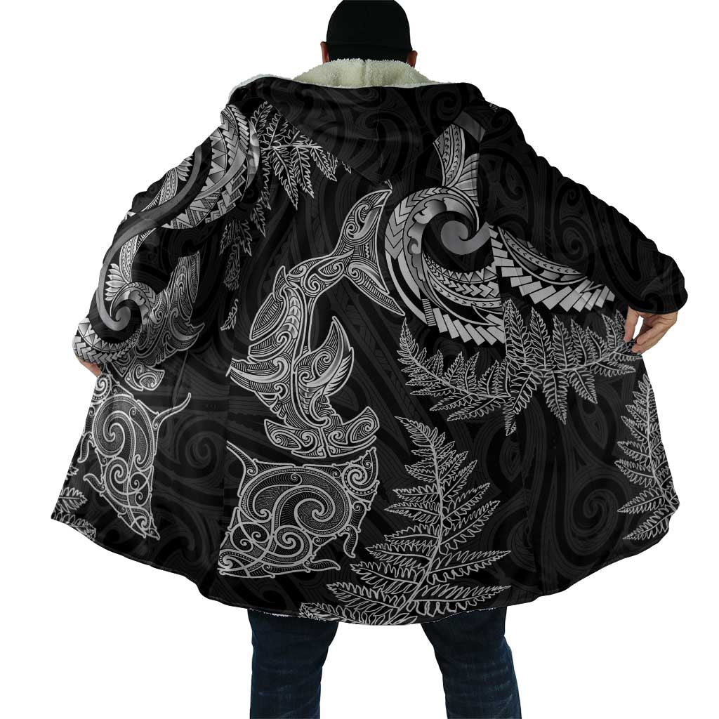 New Zealand Sea Animals with Maori Tribal Tattoo Cloak Shark Manta Ray with Silver Fern Black