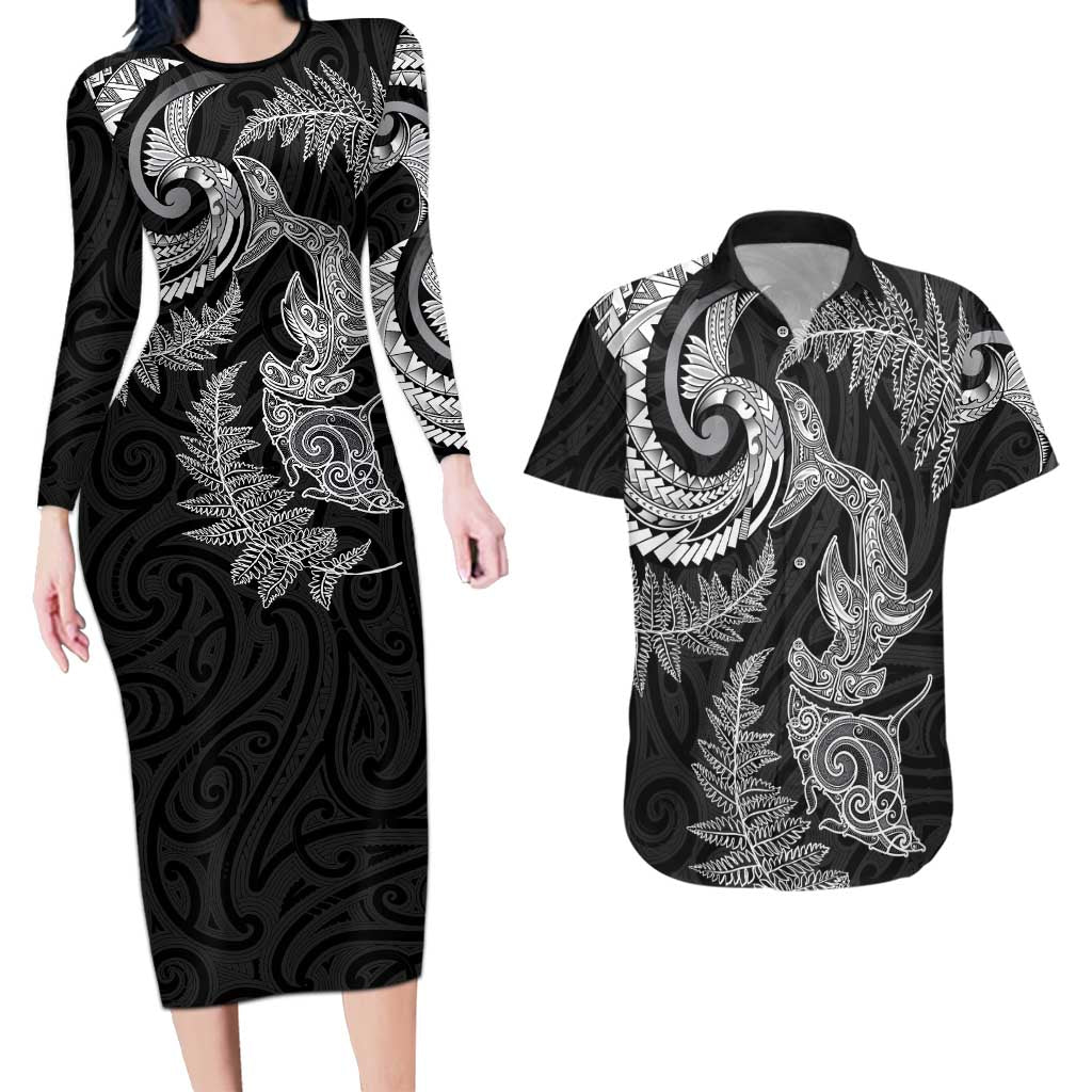 New Zealand Sea Animals with Maori Tribal Tattoo Couples Matching Long Sleeve Bodycon Dress and Hawaiian Shirt Shark Manta Ray with Silver Fern Black