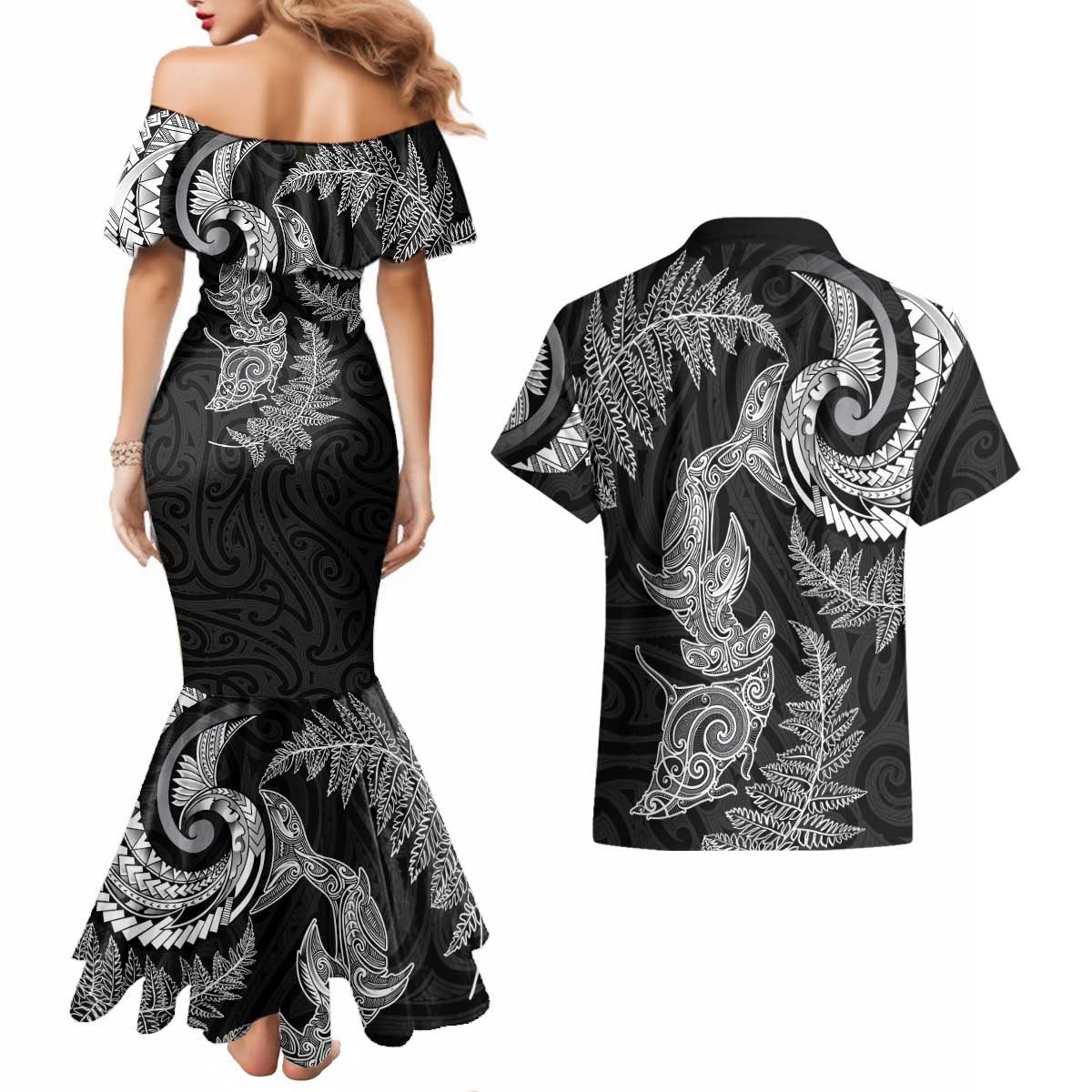 New Zealand Sea Animals with Maori Tribal Tattoo Couples Matching Mermaid Dress and Hawaiian Shirt Shark Manta Ray with Silver Fern Black