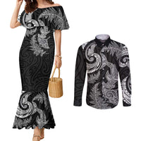 New Zealand Sea Animals with Maori Tribal Tattoo Couples Matching Mermaid Dress and Long Sleeve Button Shirt Shark Manta Ray with Silver Fern Black LT03 Black - Polynesian Pride