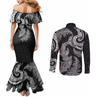New Zealand Sea Animals with Maori Tribal Tattoo Couples Matching Mermaid Dress and Long Sleeve Button Shirt Shark Manta Ray with Silver Fern Black LT03 - Polynesian Pride