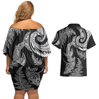 New Zealand Sea Animals with Maori Tribal Tattoo Couples Matching Off Shoulder Short Dress and Hawaiian Shirt Shark Manta Ray with Silver Fern Black