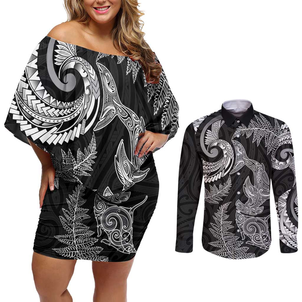 New Zealand Sea Animals with Maori Tribal Tattoo Couples Matching Off Shoulder Short Dress and Long Sleeve Button Shirt Shark Manta Ray with Silver Fern Black