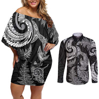New Zealand Sea Animals with Maori Tribal Tattoo Couples Matching Off Shoulder Short Dress and Long Sleeve Button Shirt Shark Manta Ray with Silver Fern Black
