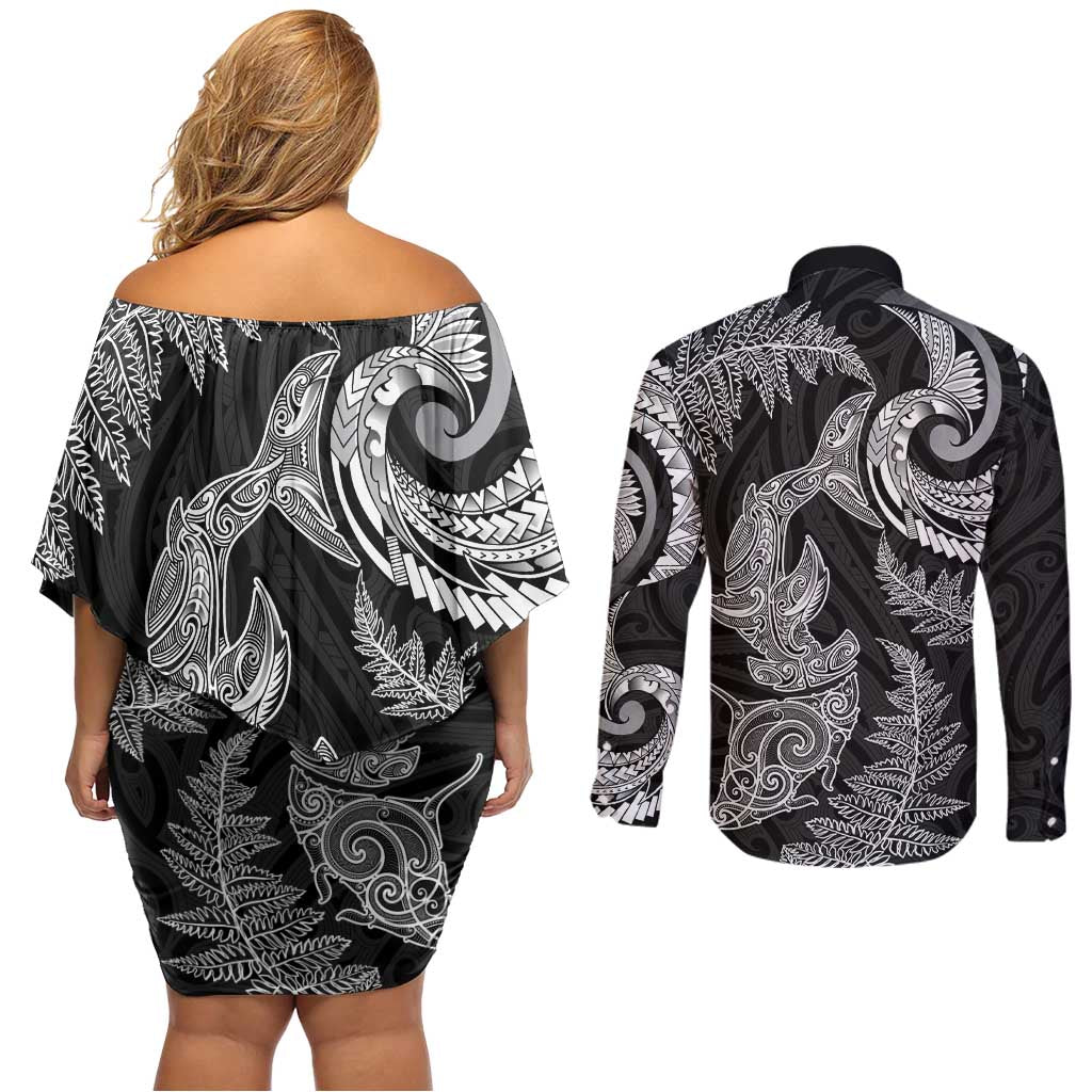 New Zealand Sea Animals with Maori Tribal Tattoo Couples Matching Off Shoulder Short Dress and Long Sleeve Button Shirt Shark Manta Ray with Silver Fern Black