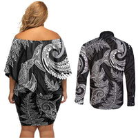 New Zealand Sea Animals with Maori Tribal Tattoo Couples Matching Off Shoulder Short Dress and Long Sleeve Button Shirt Shark Manta Ray with Silver Fern Black