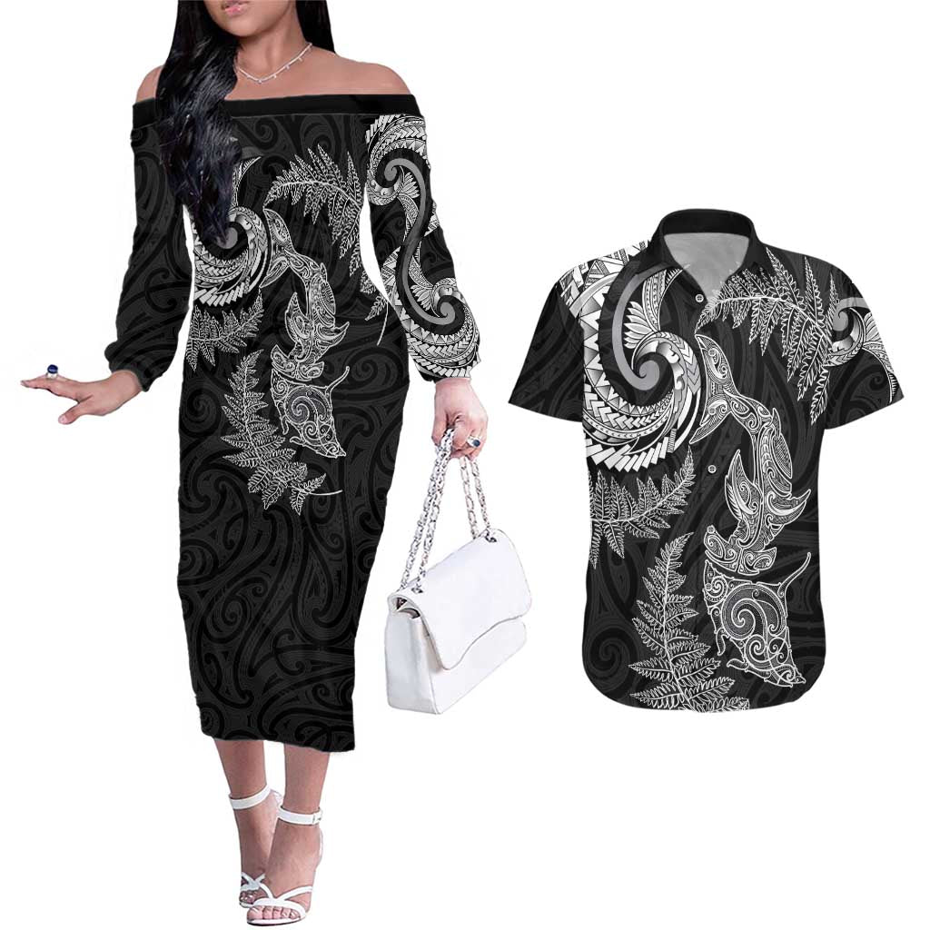 New Zealand Sea Animals with Maori Tribal Tattoo Couples Matching Off The Shoulder Long Sleeve Dress and Hawaiian Shirt Shark Manta Ray with Silver Fern Black