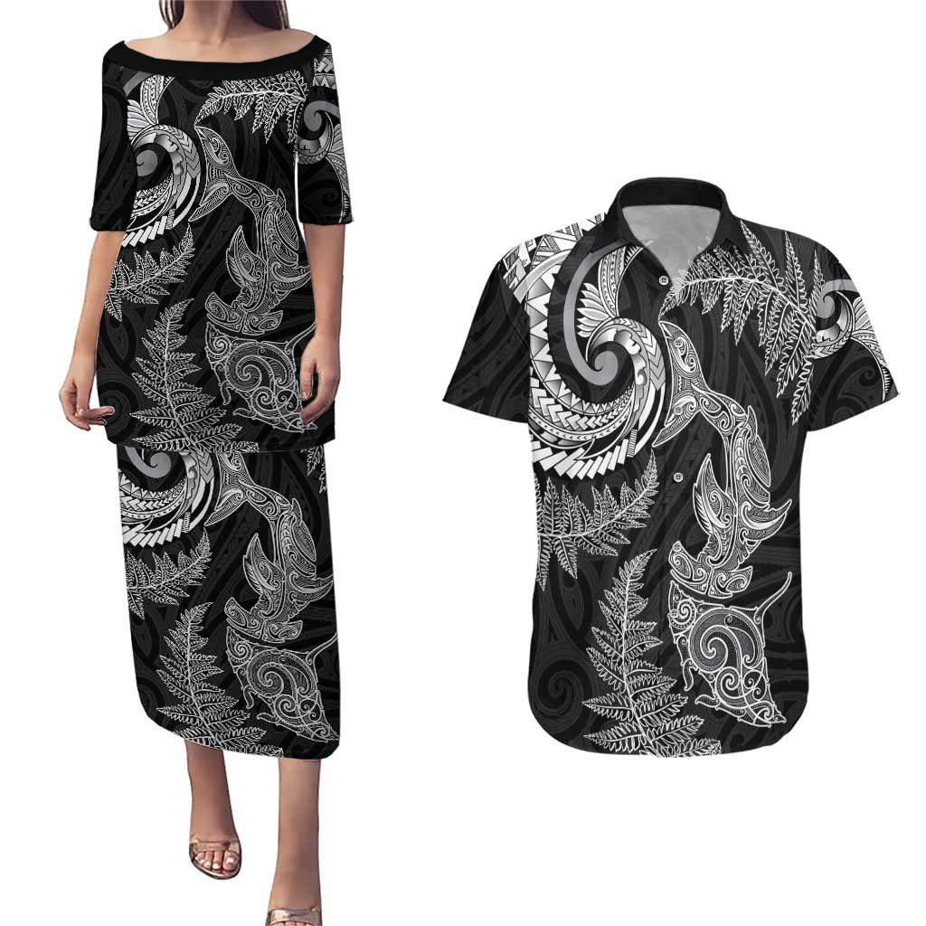 New Zealand Sea Animals with Maori Tribal Tattoo Couples Matching Puletasi and Hawaiian Shirt Shark Manta Ray with Silver Fern Black LT03 Black - Polynesian Pride