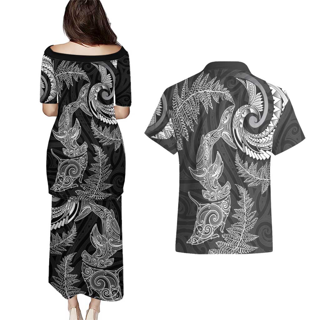 New Zealand Sea Animals with Maori Tribal Tattoo Couples Matching Puletasi and Hawaiian Shirt Shark Manta Ray with Silver Fern Black LT03 - Polynesian Pride