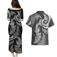 New Zealand Sea Animals with Maori Tribal Tattoo Couples Matching Puletasi and Hawaiian Shirt Shark Manta Ray with Silver Fern Black LT03 - Polynesian Pride