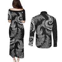 New Zealand Sea Animals with Maori Tribal Tattoo Couples Matching Puletasi and Long Sleeve Button Shirt Shark Manta Ray with Silver Fern Black