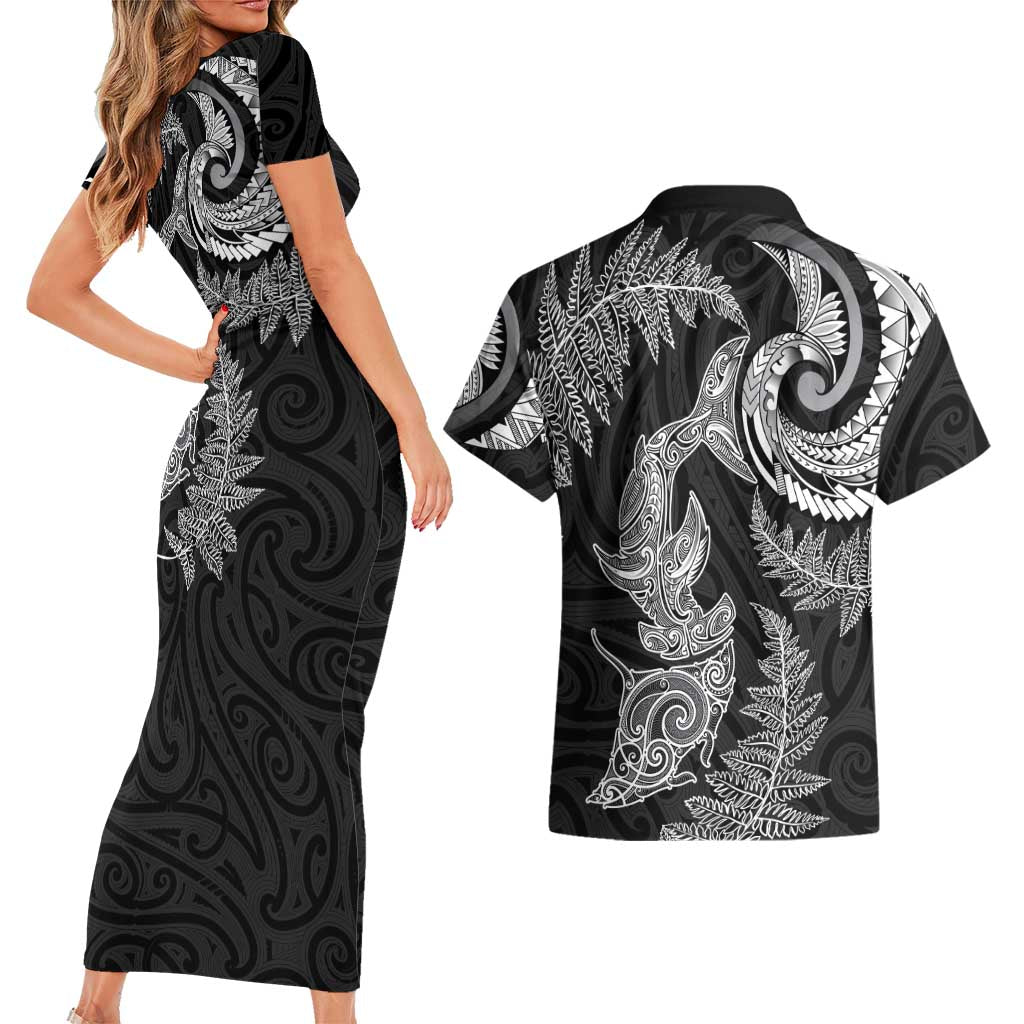 New Zealand Sea Animals with Maori Tribal Tattoo Couples Matching Short Sleeve Bodycon Dress and Hawaiian Shirt Shark Manta Ray with Silver Fern Black