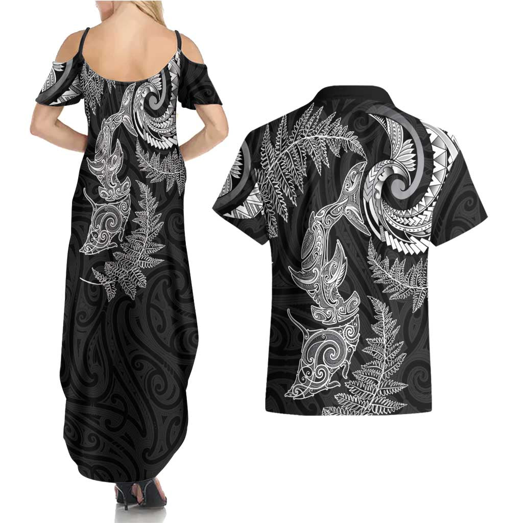 New Zealand Sea Animals with Maori Tribal Tattoo Couples Matching Summer Maxi Dress and Hawaiian Shirt Shark Manta Ray with Silver Fern Black