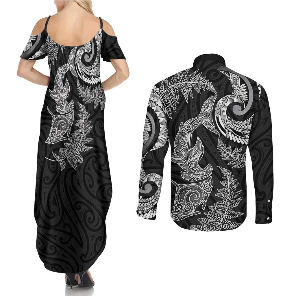 New Zealand Sea Animals with Maori Tribal Tattoo Couples Matching Summer Maxi Dress and Long Sleeve Button Shirt Shark Manta Ray with Silver Fern Black