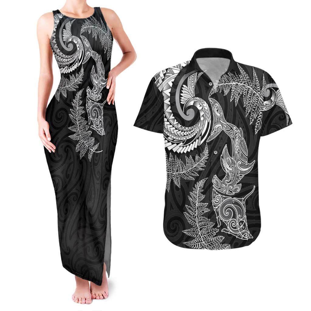 New Zealand Sea Animals with Maori Tribal Tattoo Couples Matching Tank Maxi Dress and Hawaiian Shirt Shark Manta Ray with Silver Fern Black