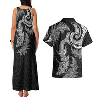 New Zealand Sea Animals with Maori Tribal Tattoo Couples Matching Tank Maxi Dress and Hawaiian Shirt Shark Manta Ray with Silver Fern Black