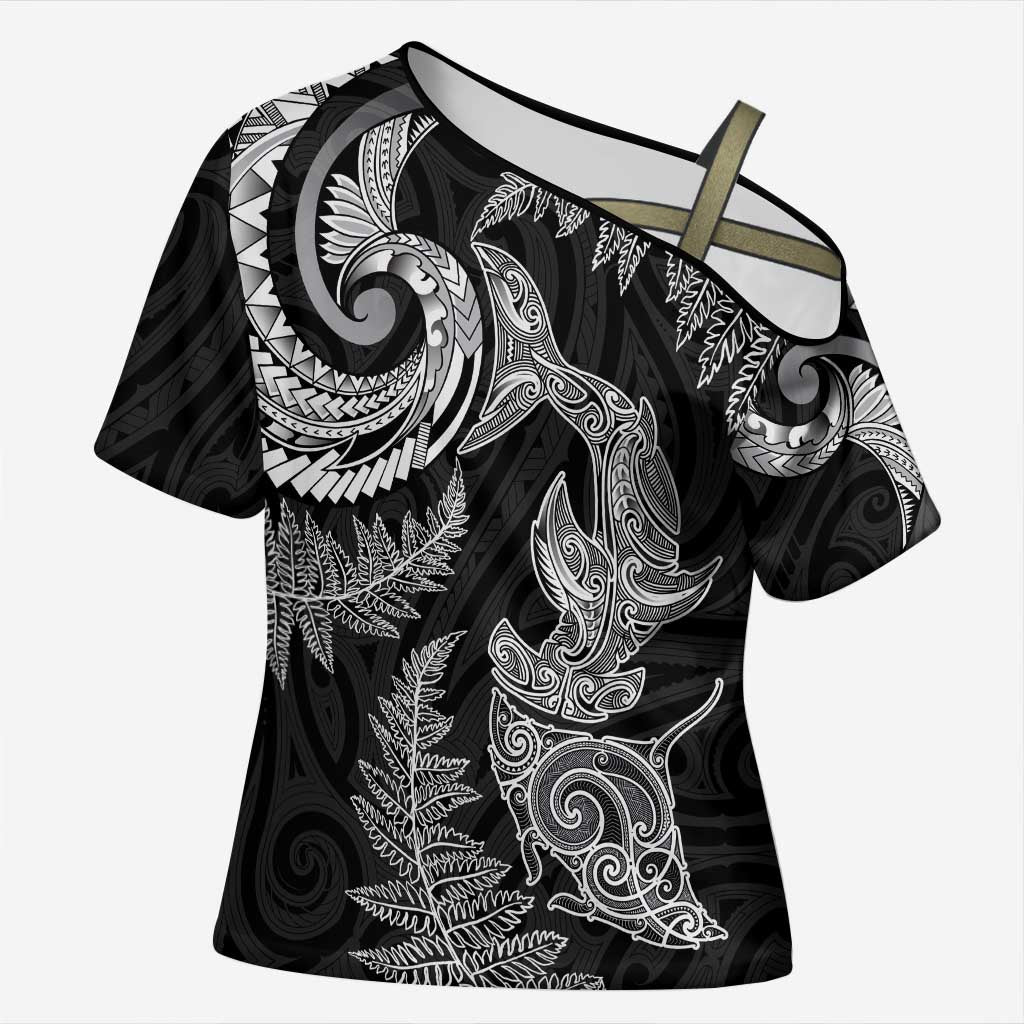 New Zealand Sea Animals with Maori Tribal Tattoo Cross Shoulder Shirt Shark Manta Ray with Silver Fern Black