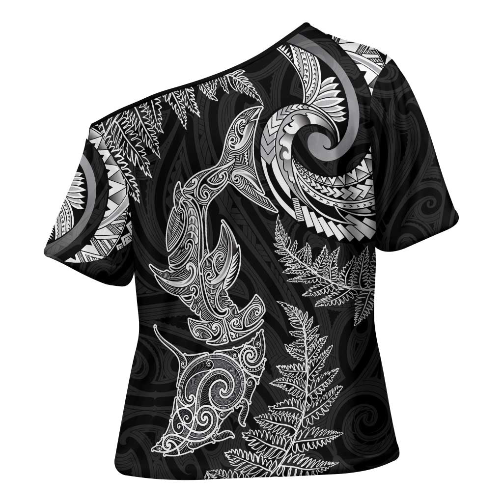 New Zealand Sea Animals with Maori Tribal Tattoo Cross Shoulder Shirt Shark Manta Ray with Silver Fern Black