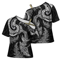 New Zealand Sea Animals with Maori Tribal Tattoo Cross Shoulder Shirt Shark Manta Ray with Silver Fern Black