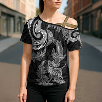 New Zealand Sea Animals with Maori Tribal Tattoo Cross Shoulder Shirt Shark Manta Ray with Silver Fern Black
