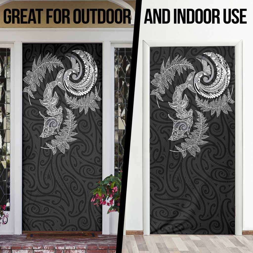 New Zealand Sea Animals with Maori Tribal Tattoo Door Cover Shark Manta Ray with Silver Fern Black