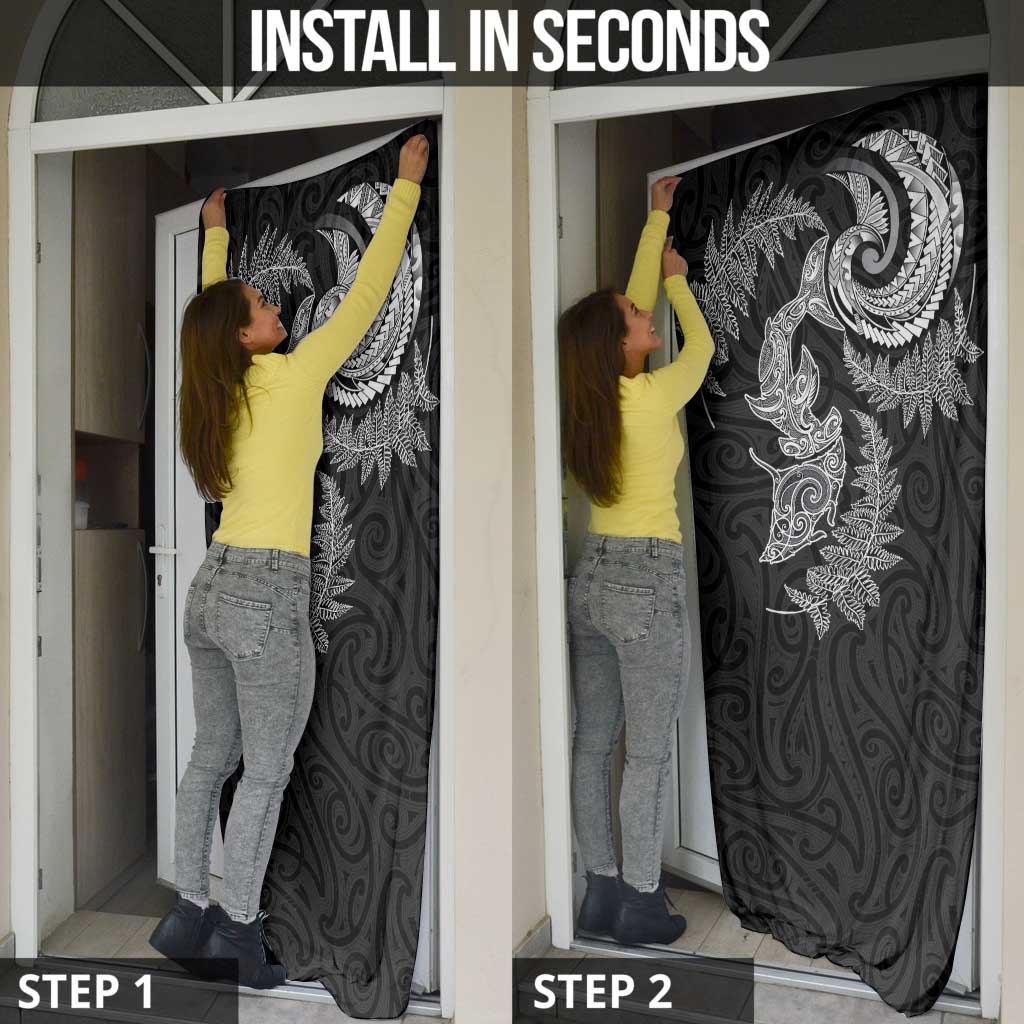 New Zealand Sea Animals with Maori Tribal Tattoo Door Cover Shark Manta Ray with Silver Fern Black