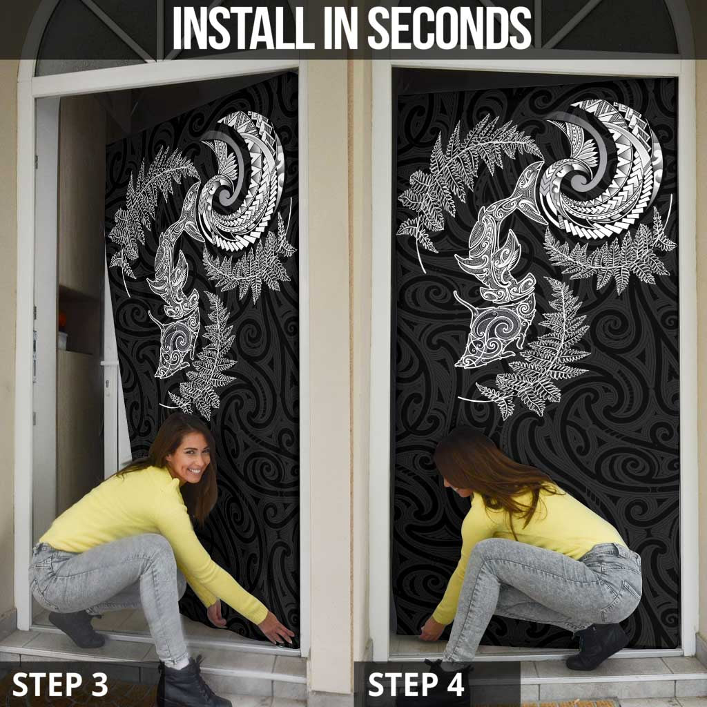 New Zealand Sea Animals with Maori Tribal Tattoo Door Cover Shark Manta Ray with Silver Fern Black